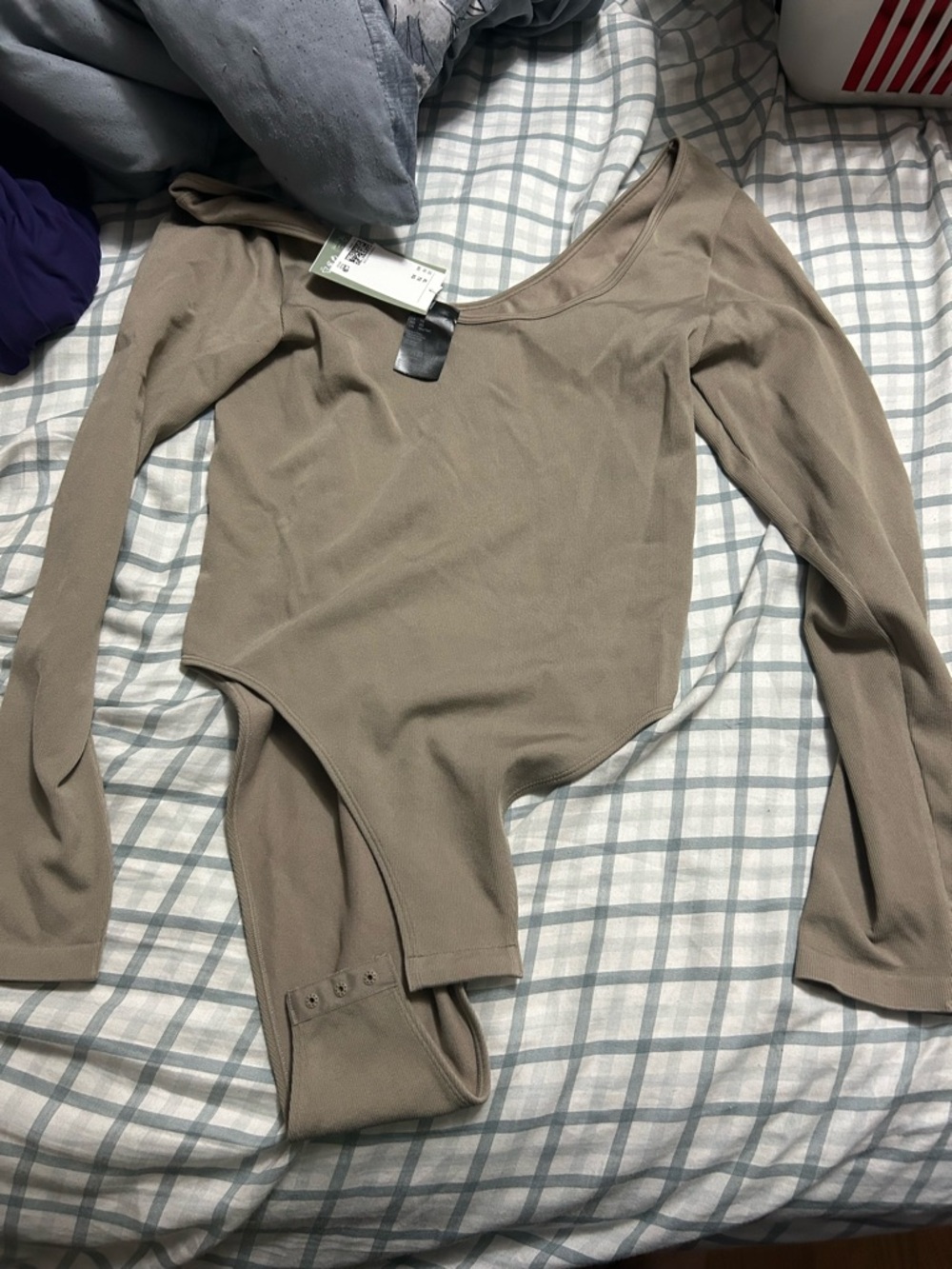 H&M Long-Sleeve Scoop Neck Bodysuit - Taupe Brown